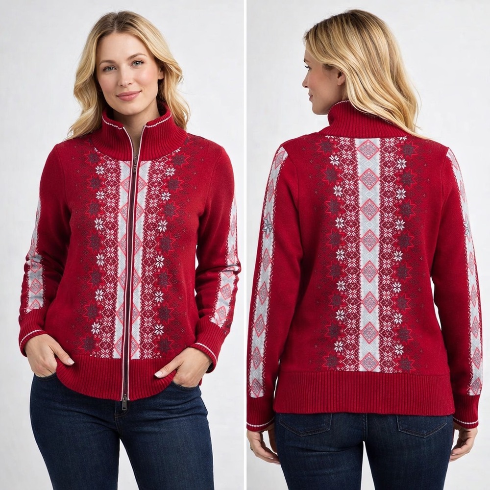Eddie Bauer Nordic Snowflake Zip Sweater Cardigan Petite M Christmas Holiday‎